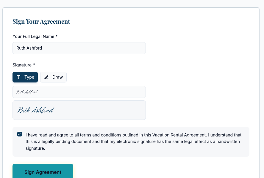 The contract signing page a client sees, with name, signature and agree box