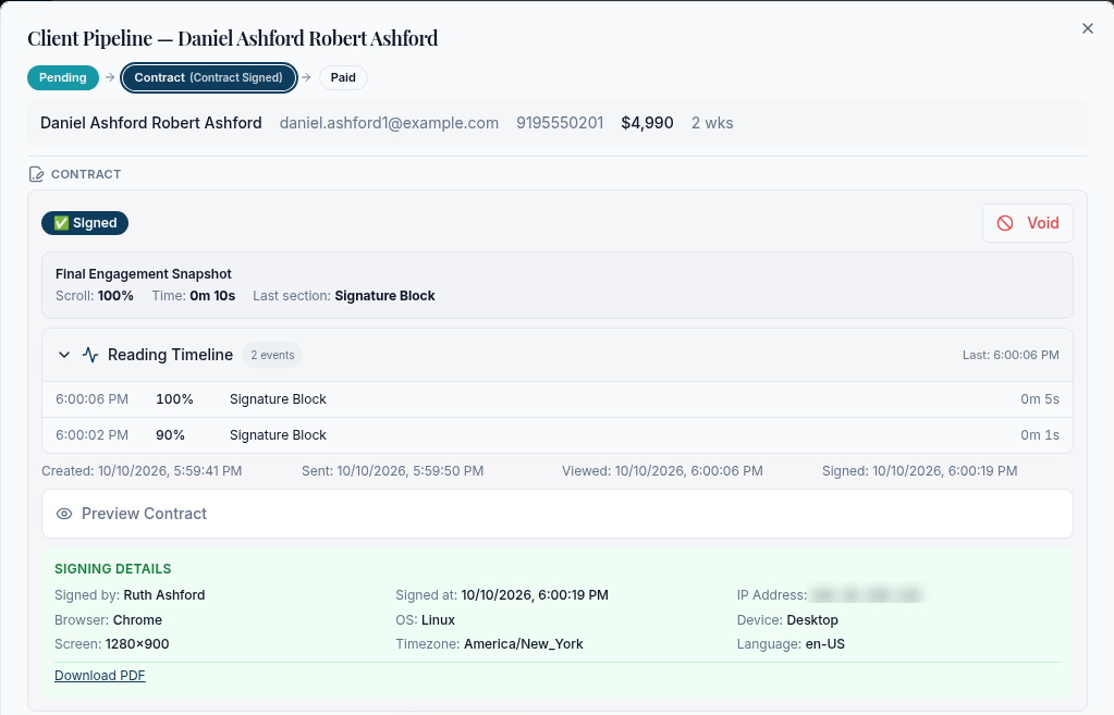 A signed contract in the CRM with the reading timeline, sent, viewed and signed times, IP address, browser, operating system and device