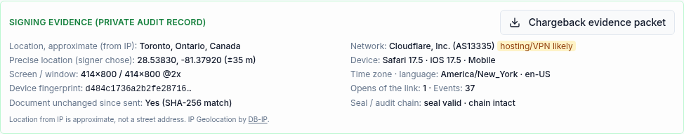 The private signing evidence panel in the CRM showing approximate location from IP, precise location the signer chose to share, device, fingerprint, document fingerprint match and seal status