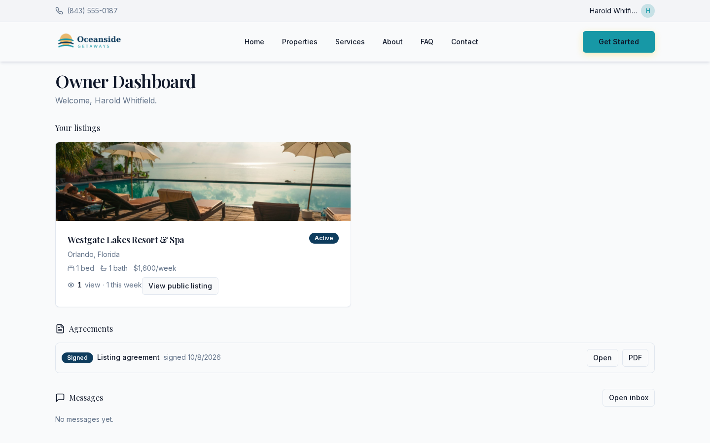 A client's own dashboard on the company website, showing their listing with views, their signed agreement and their messages