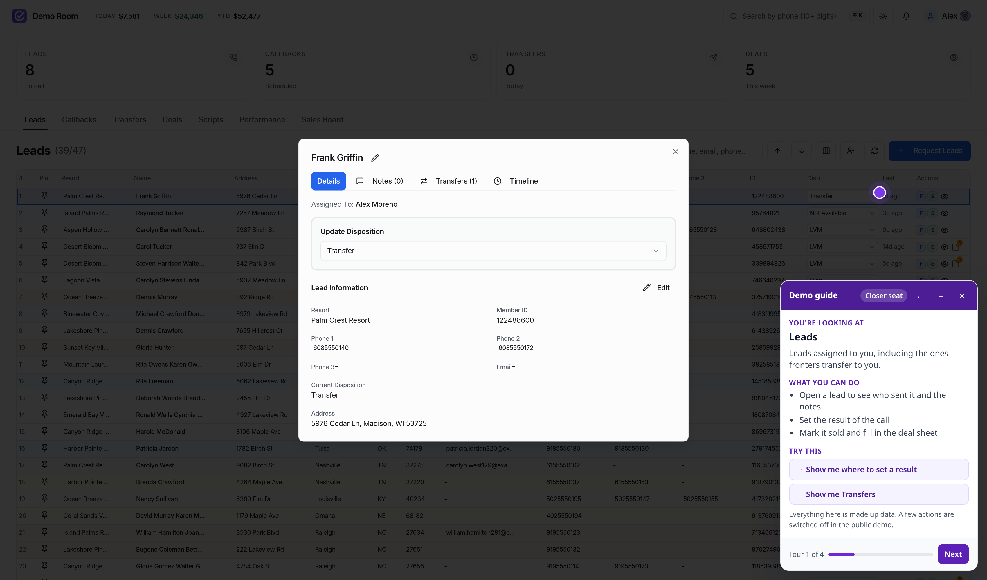 A lead record in the CallRoom Pro demo room with call history and transfer controls