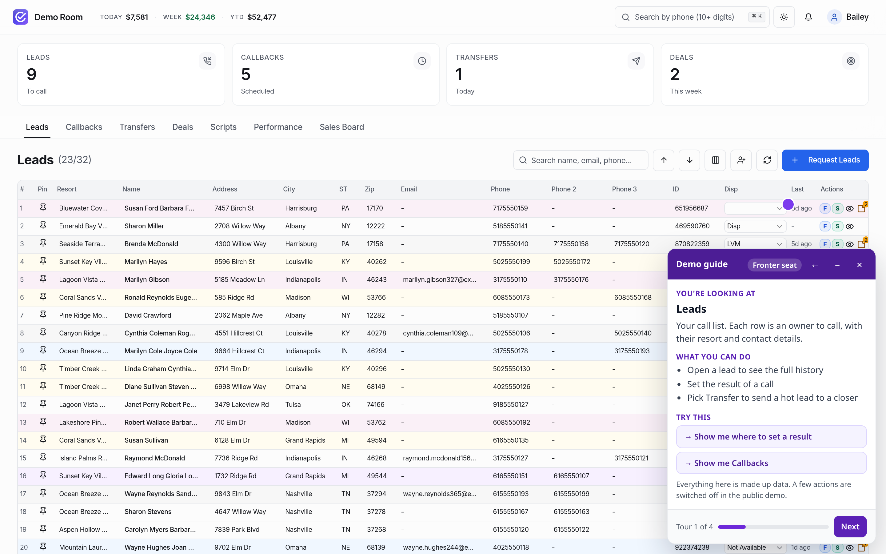 The agent work screen in the CallRoom Pro demo room with leads, call results and callbacks