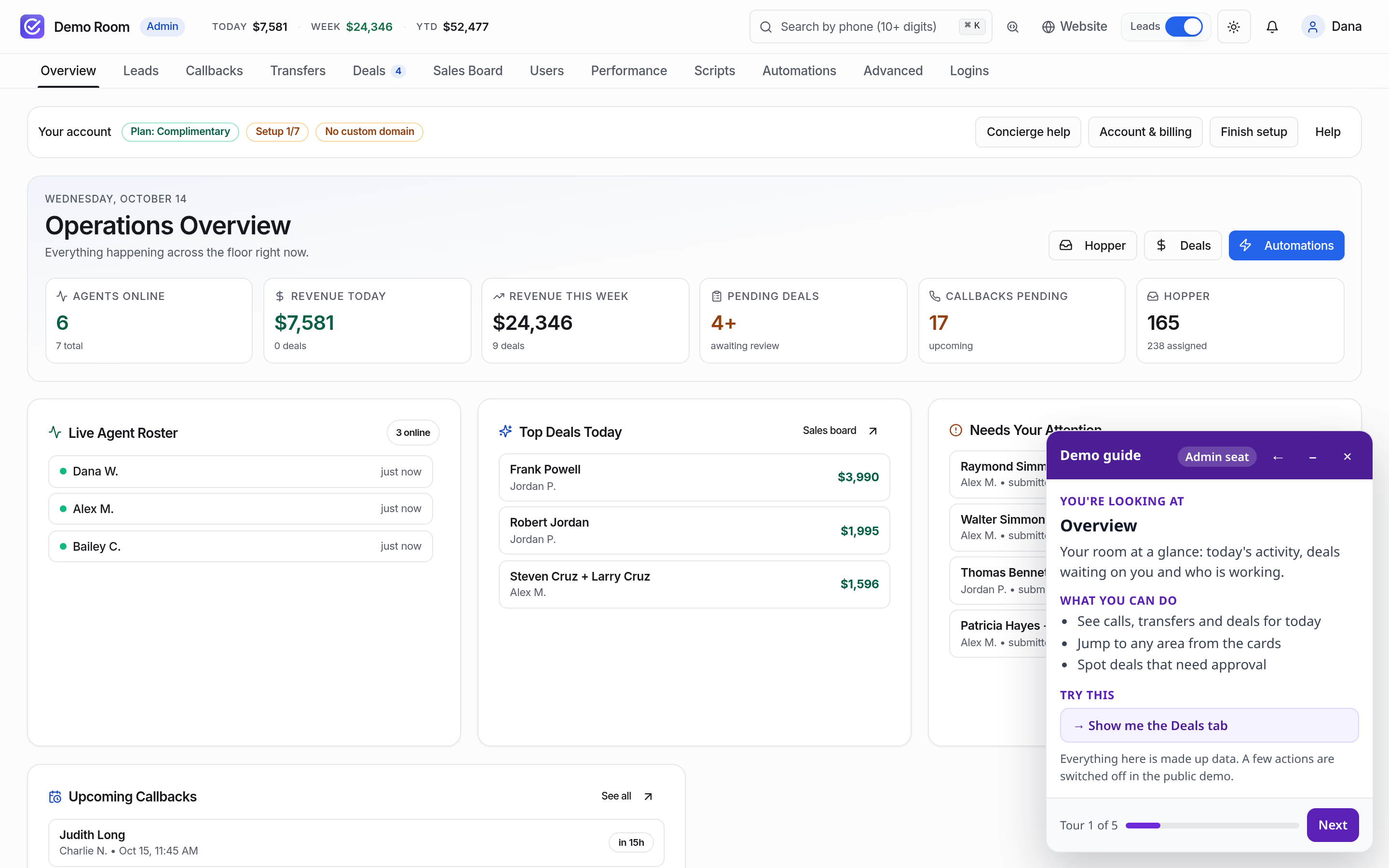 The room admin operations overview in the demo room
