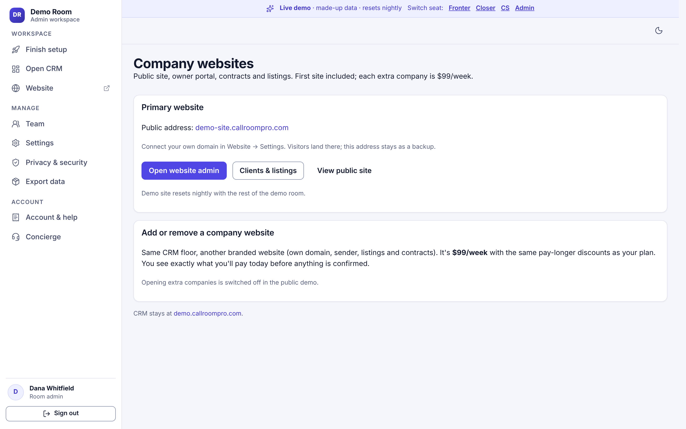 The company websites page in the demo room