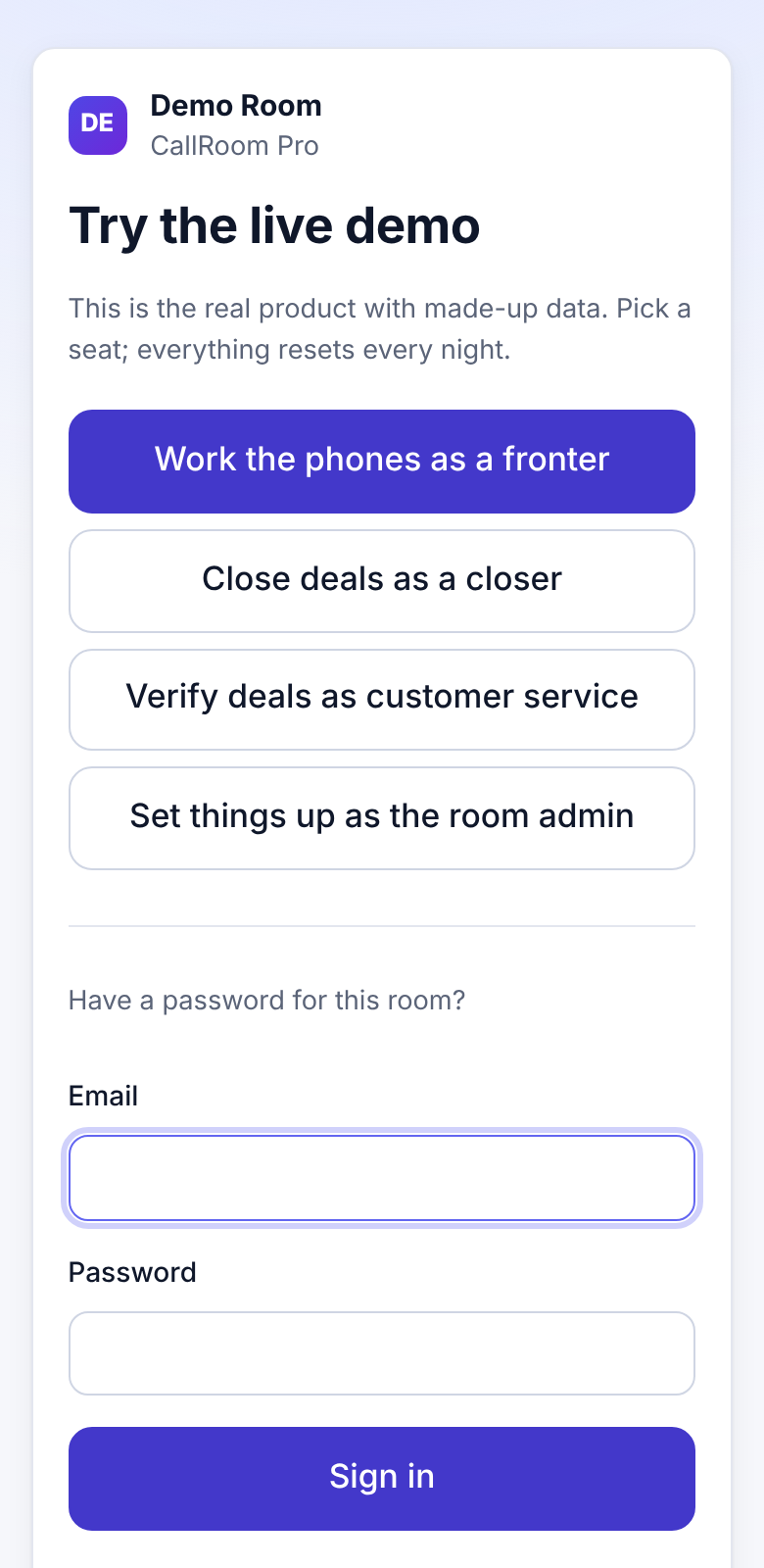 The demo room's public website on a phone